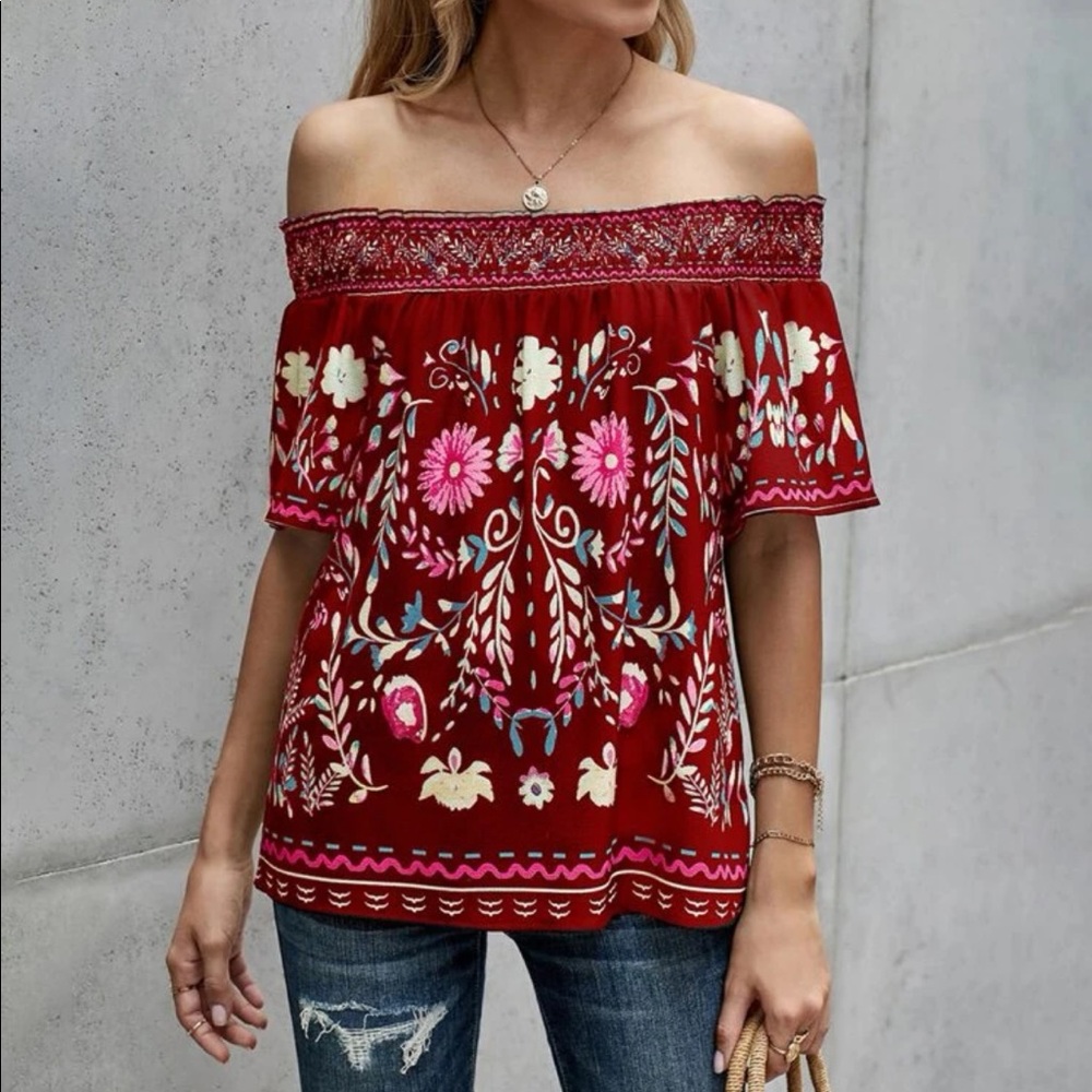 Boho floral print off shoulder blouse Red - Picture 3 of 10